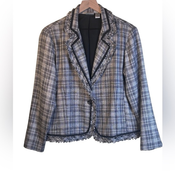 Chico's Jackets & Blazers - Chico’s Plaid Tweed Lady Jacket Blazer with Fringe Trim Size 2 (12/14)